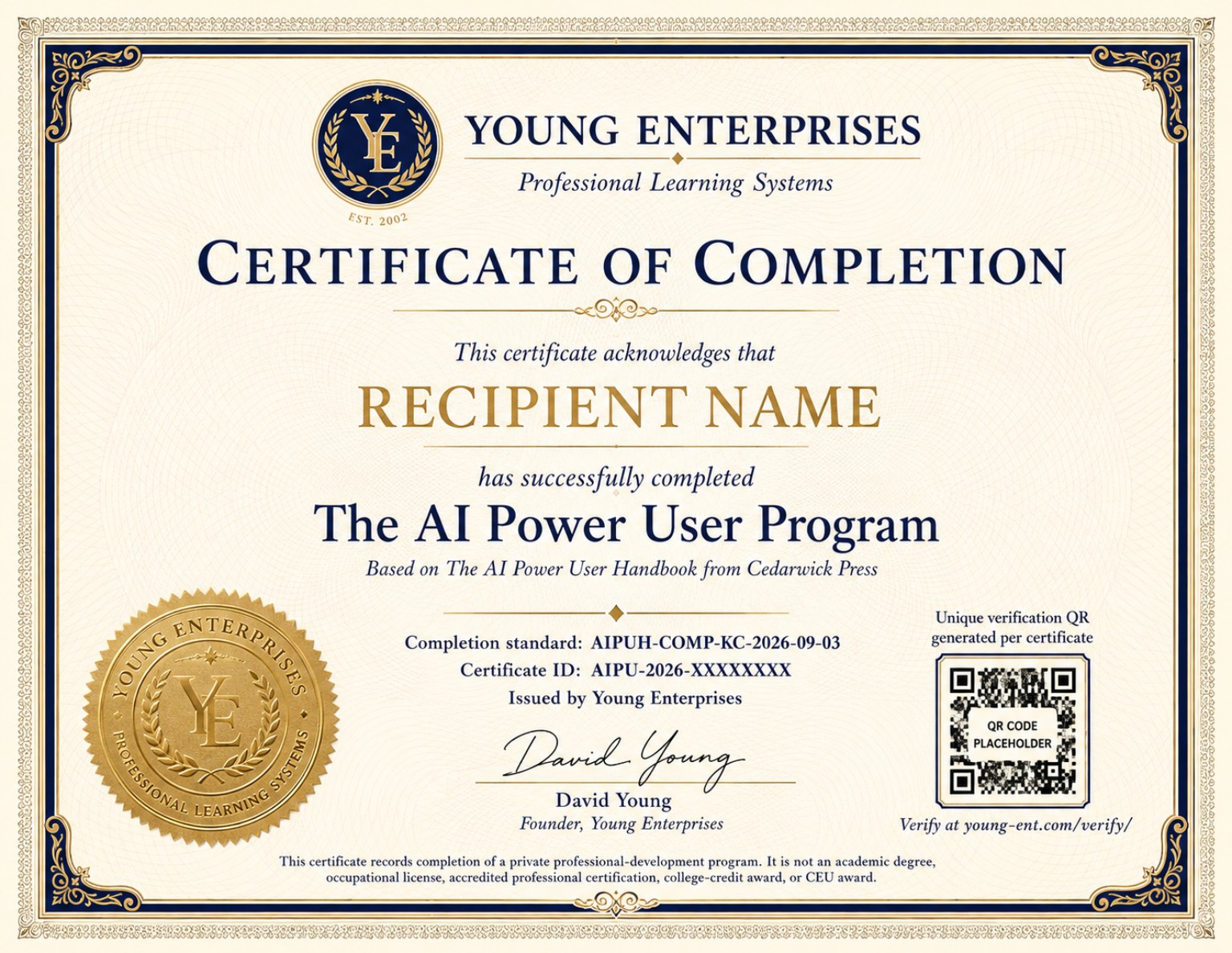 Sample Young Enterprises Certificate of Completion