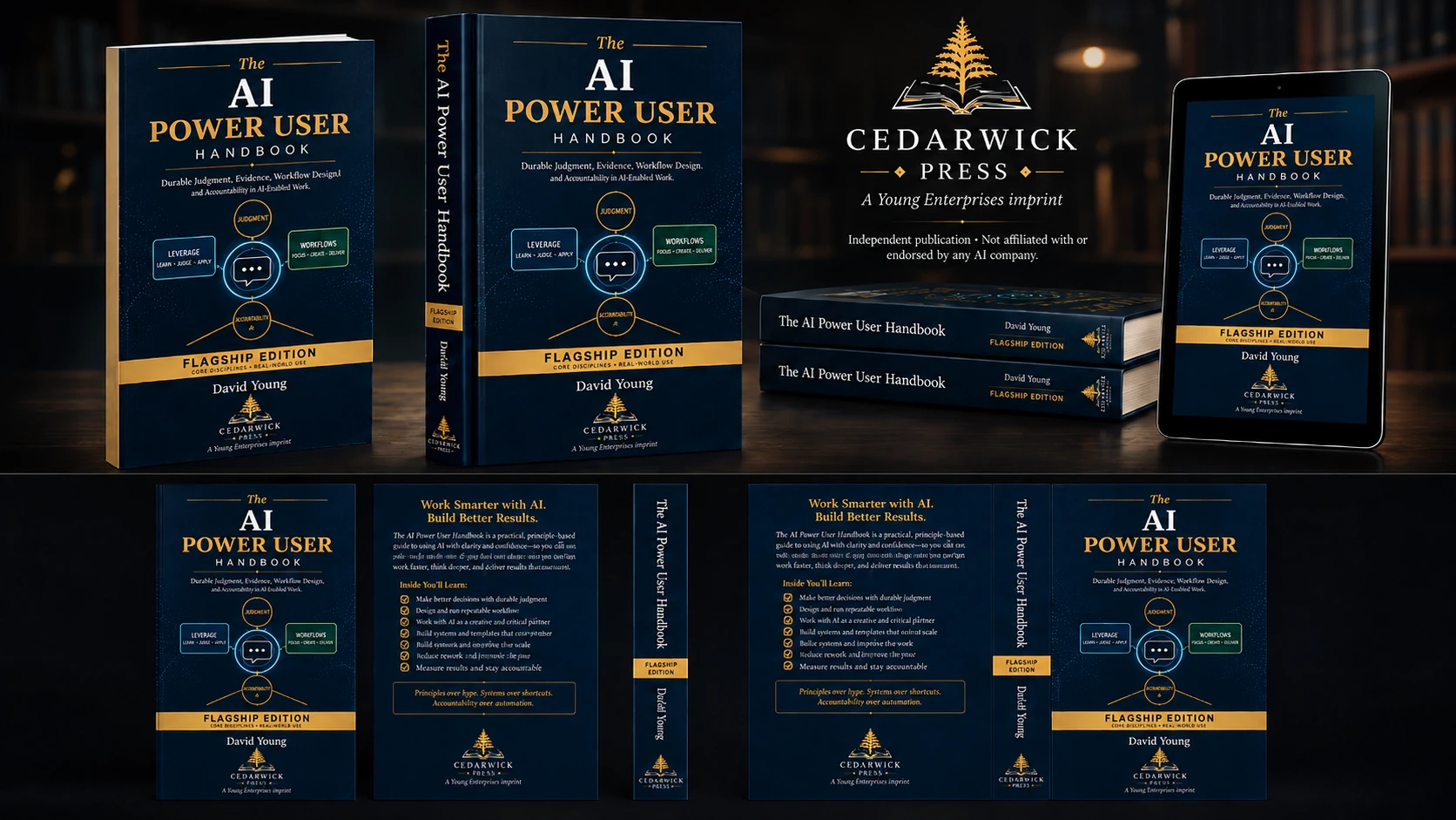 The AI Power User Handbook Flagship Edition shown across Cedarwick Press book and digital presentation formats